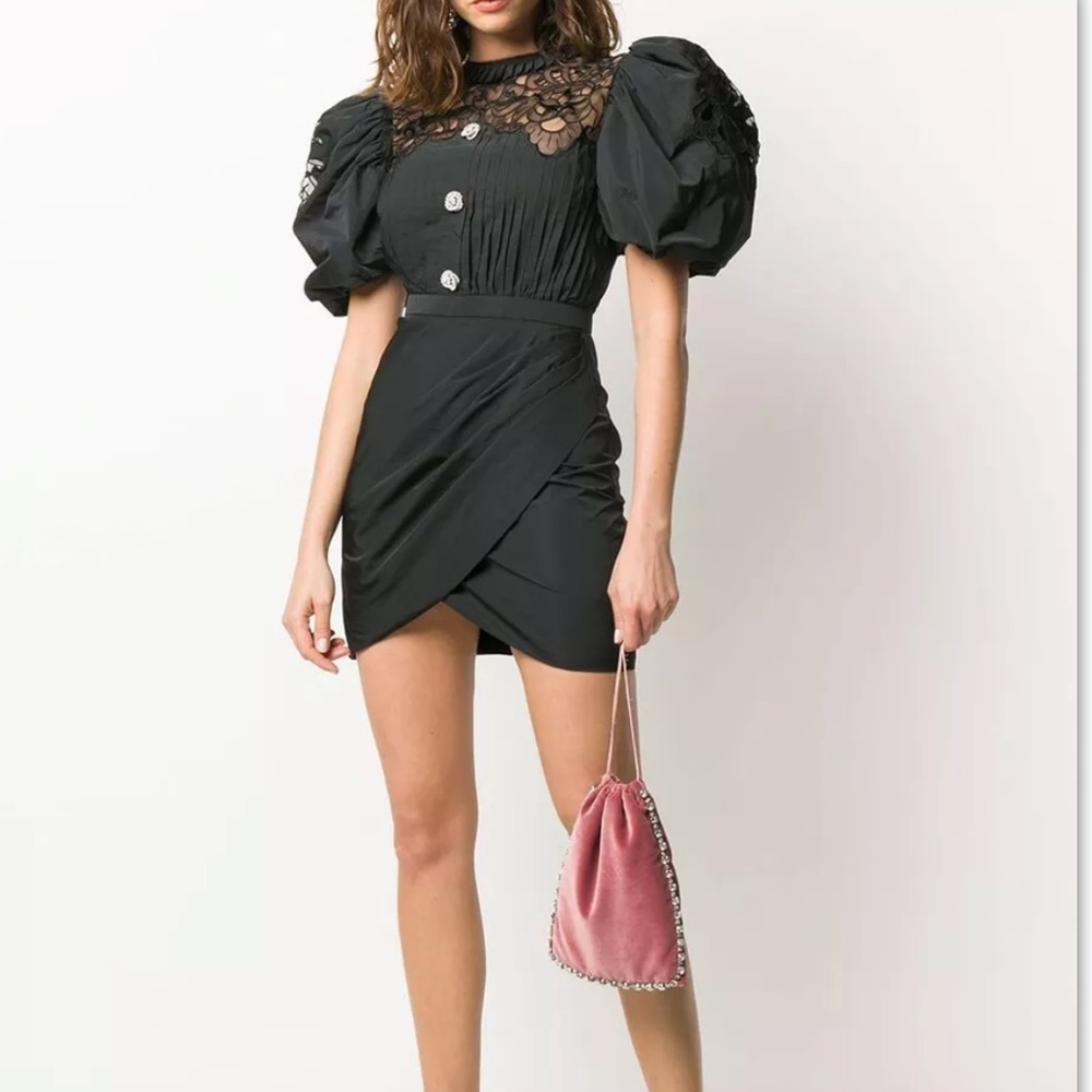 Alessandra Rich Black Taffeta Puff Sleeve Dress